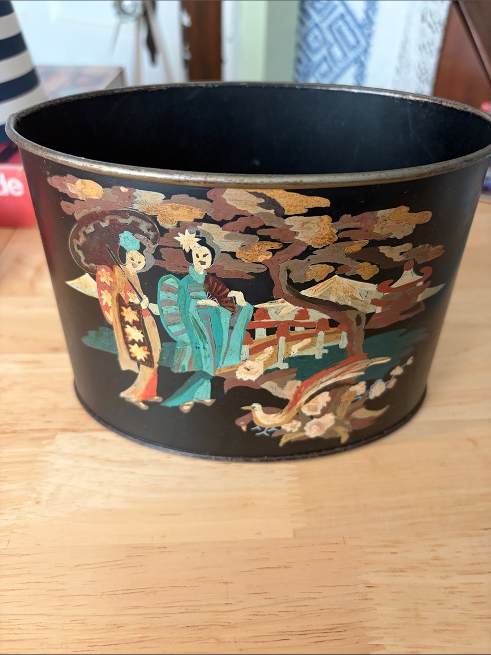 Hand-Painted Black Metal Decorative Container with Teal and Gold Motif